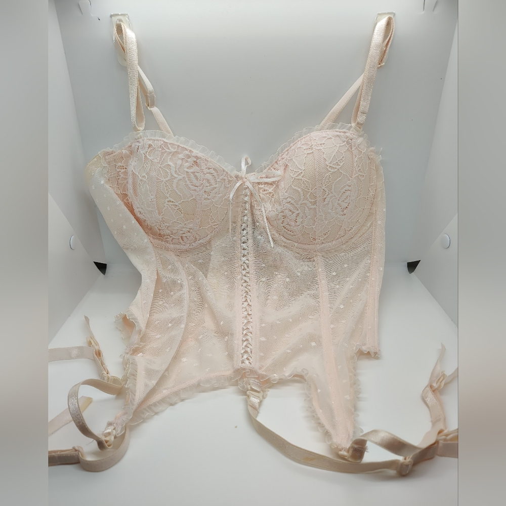 Pink sheer lace bustier with garter straps M